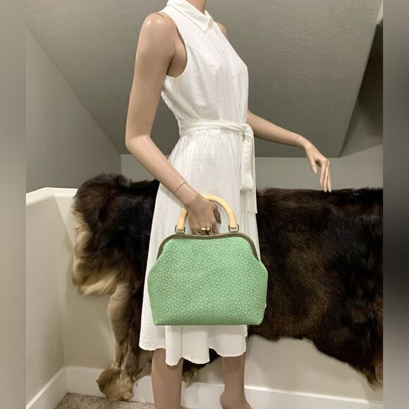 Handmade Genuine Nubuck Leather Embossed Wood Handle Kiss-lock Satchel Bag - Picture 2 of 13